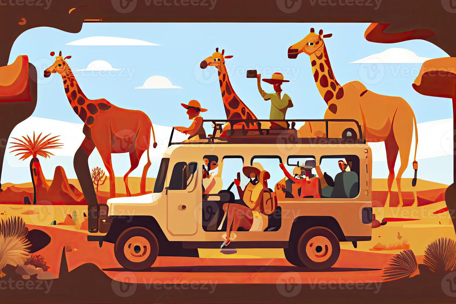 People in safari tour, savanna wild landscape vector illustration. Cartoon group of tourist characters photo