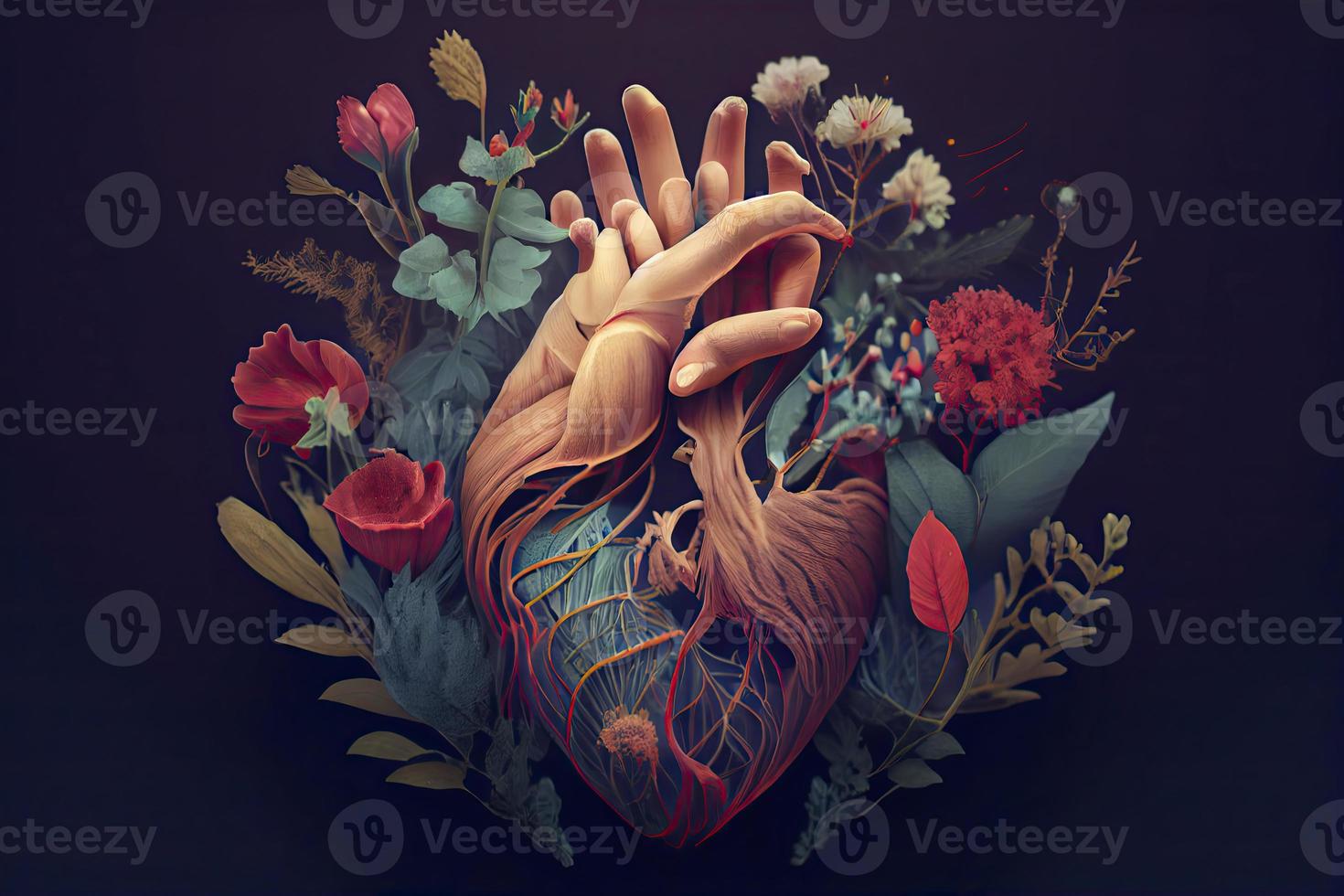 Human heart with flowers, love and emotion concept photo