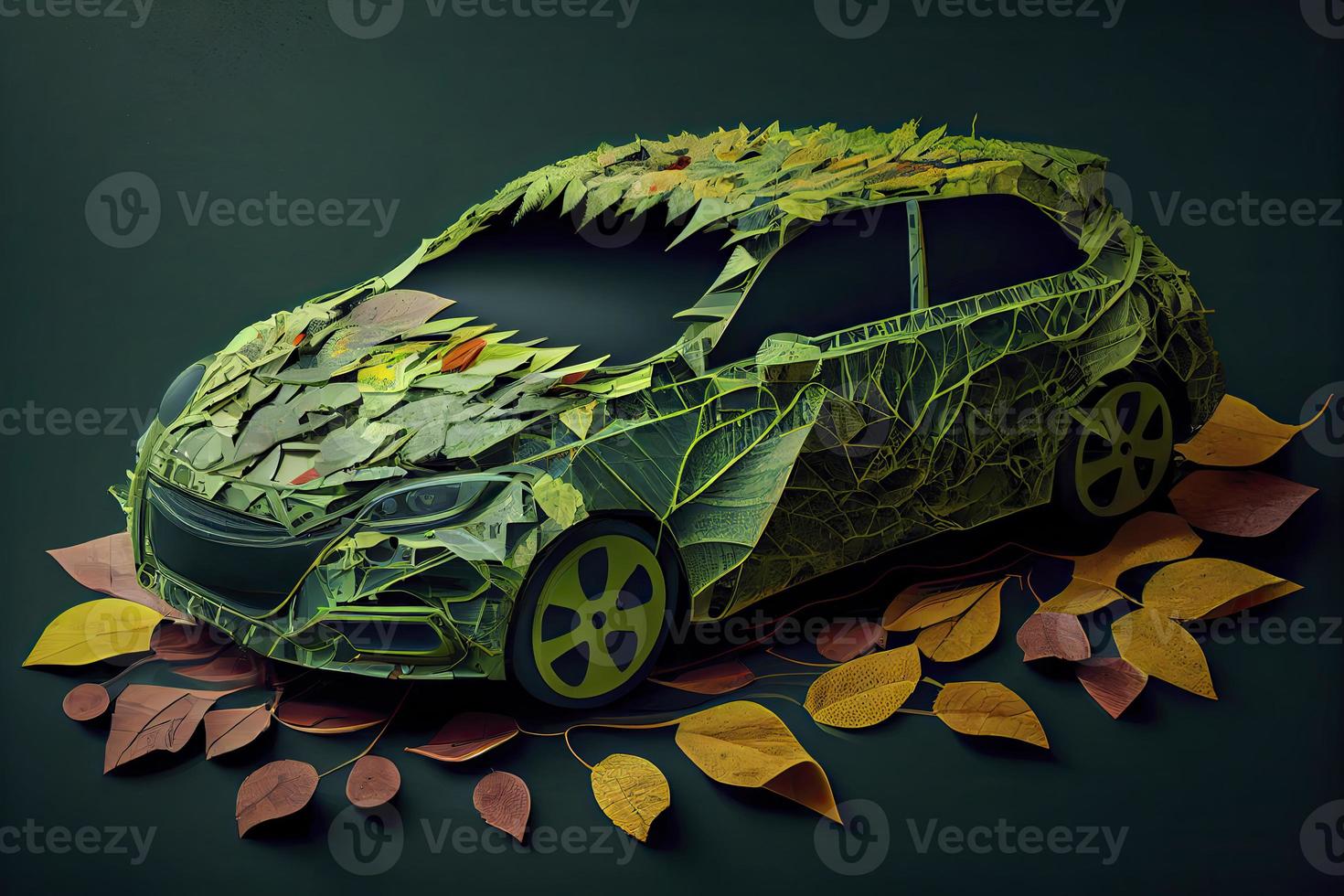 Green electric car made from leaves, sustainable and renewable ressources, eco power photo