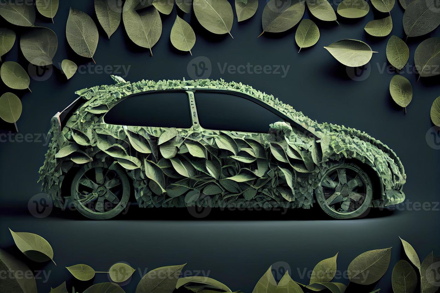 Green electric car made from leaves, sustainable and renewable ressources, eco power photo