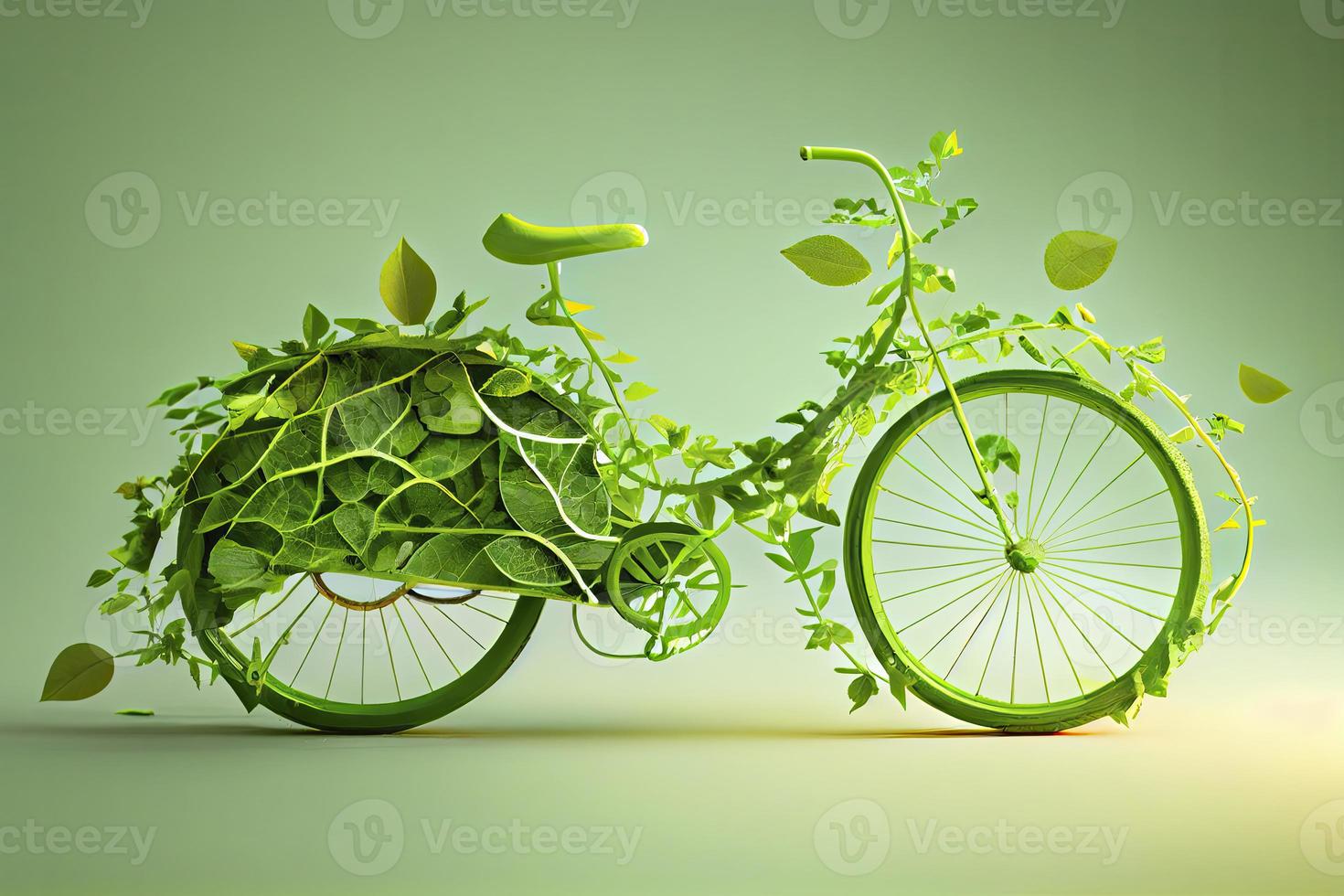 Bicycle covered with green leaf tendril, eco and environment concept, sustainable transport and travel photo