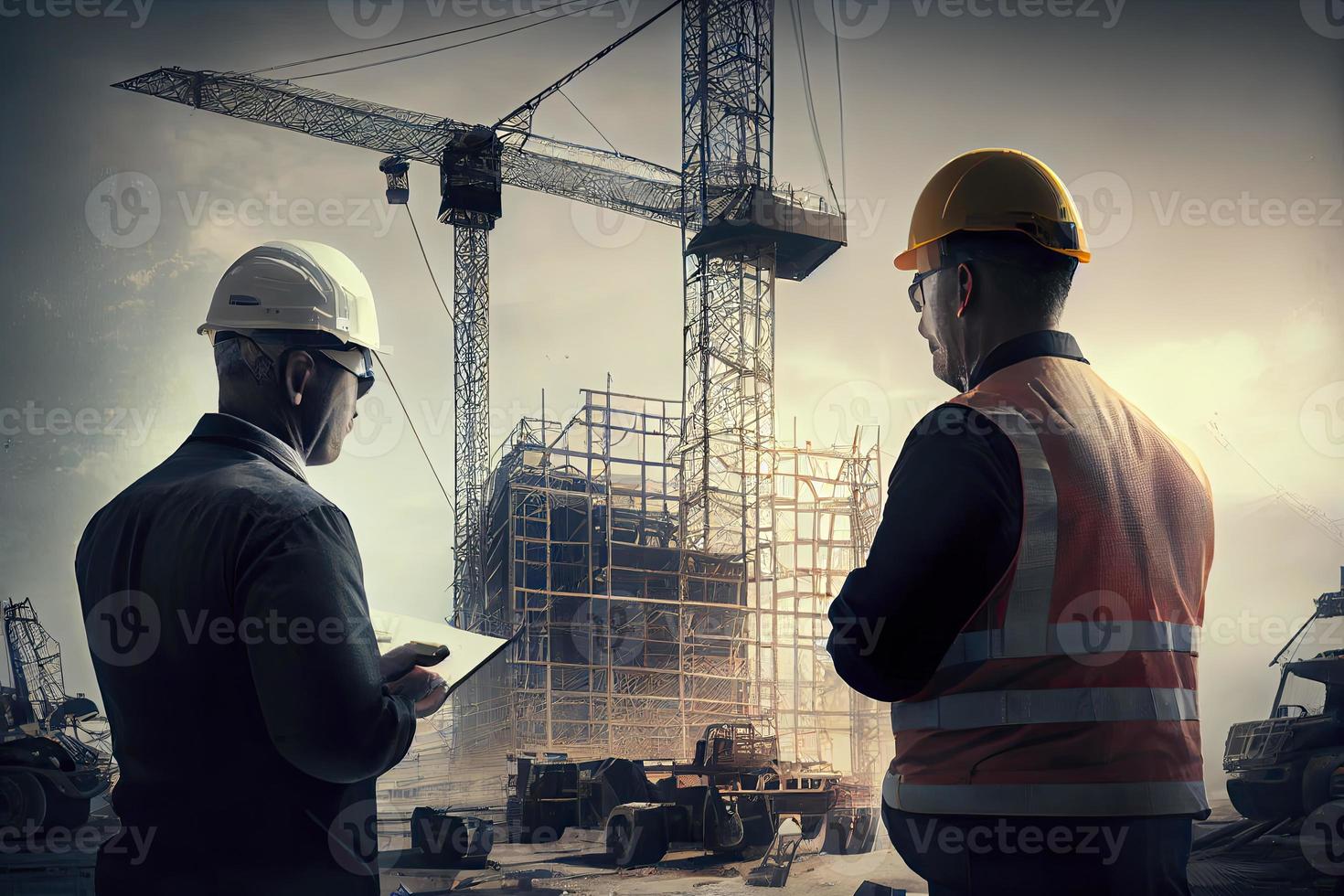 Discussion of work by a civil engineer with an architect at a construction site against the backdrop of a tower crane and a high rise building under construction photo