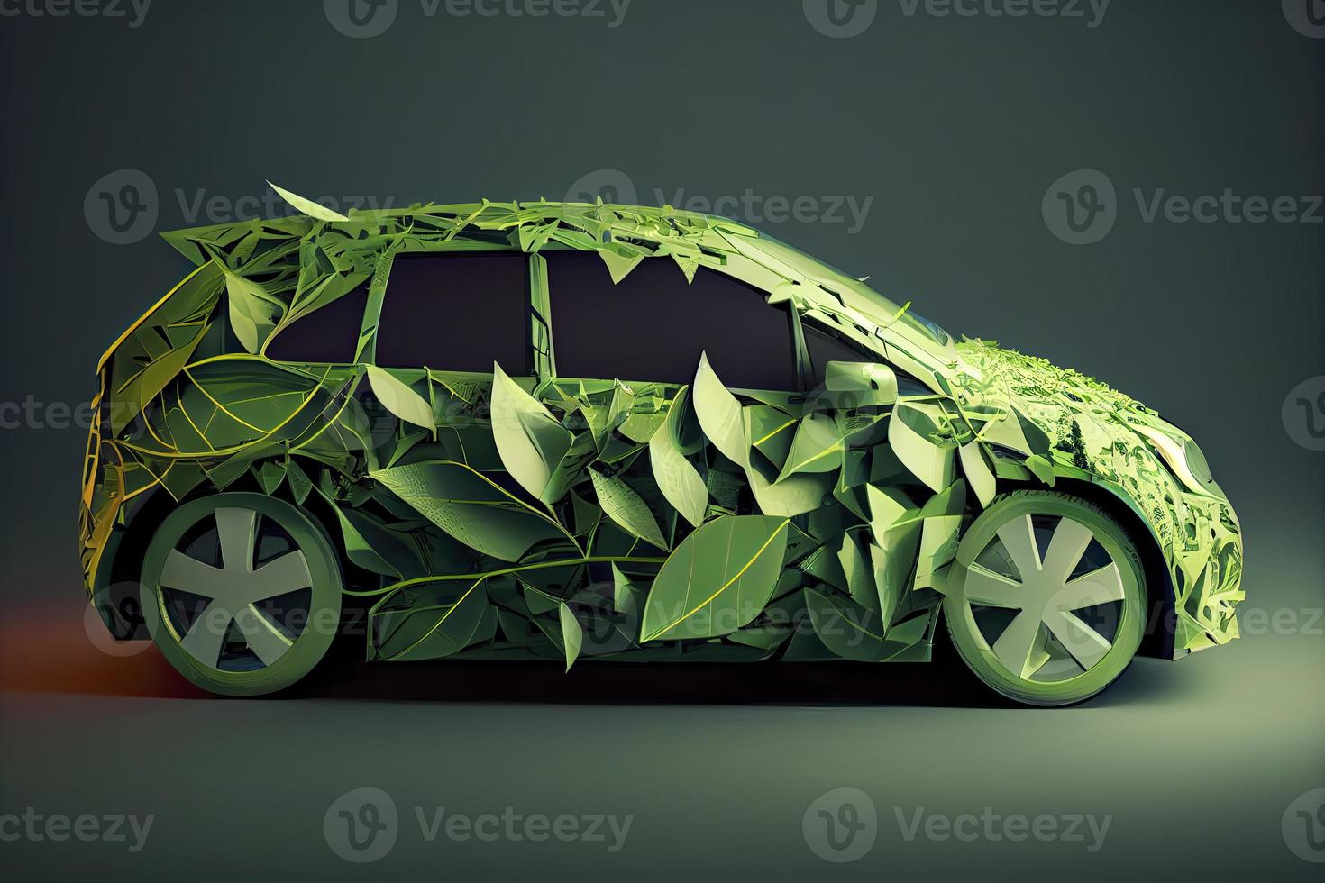 Green electric car made from leaves, sustainable and renewable ressources, eco power photo