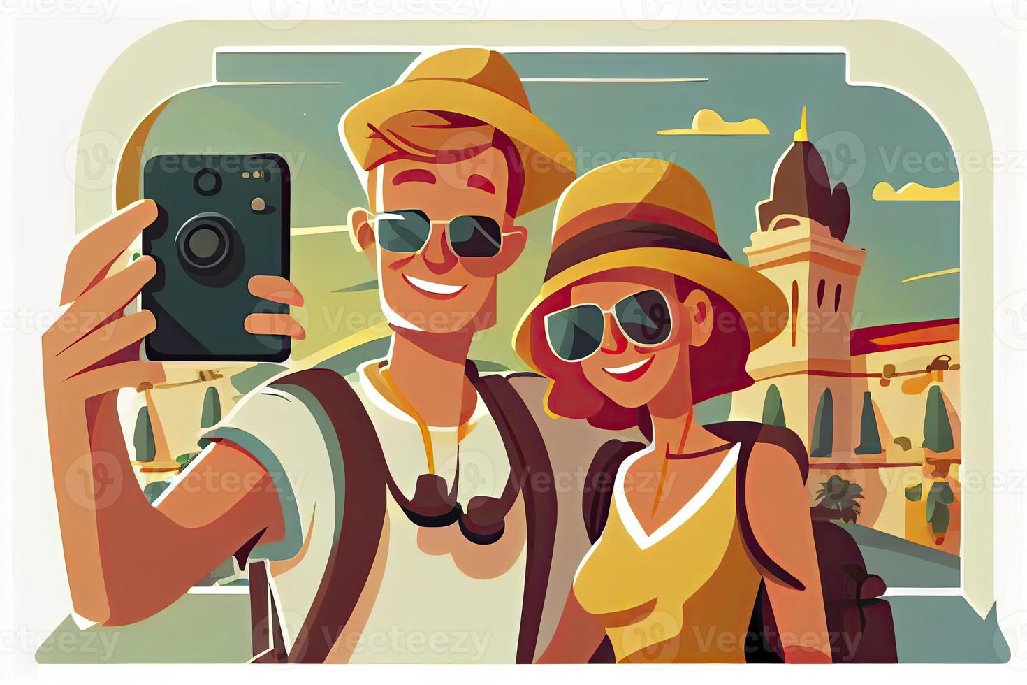 A tourist couple taking selfie photos together on phone. Man and woman going sightseeing on summer holiday