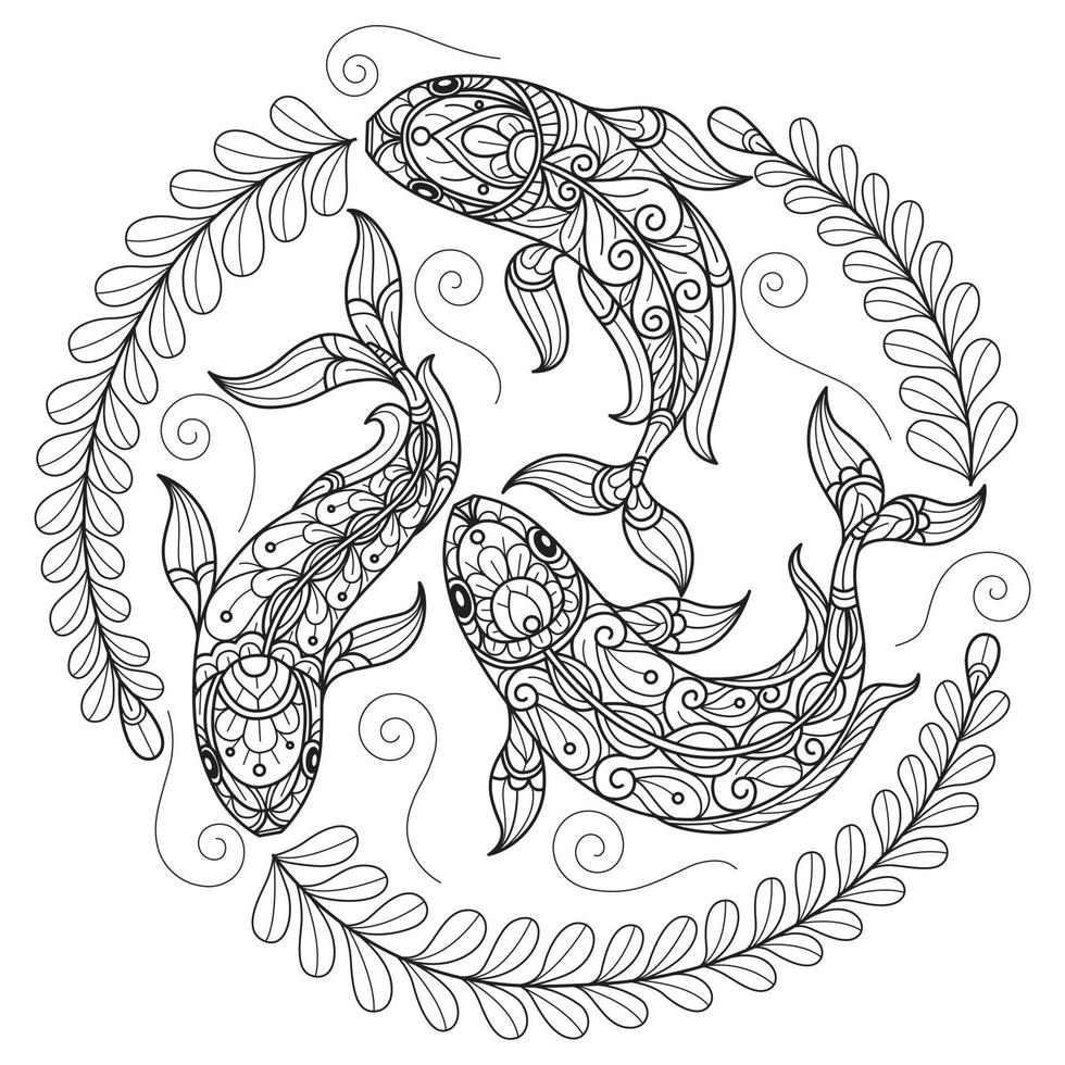 Three fish and leaf hand drawn for adult coloring book vector