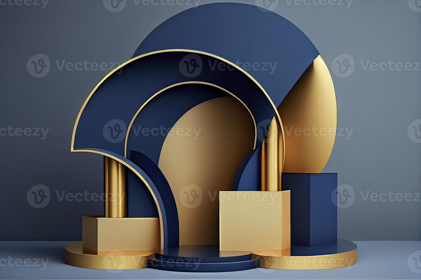 3d render of blue and gold podium. Background with geometric composition photo