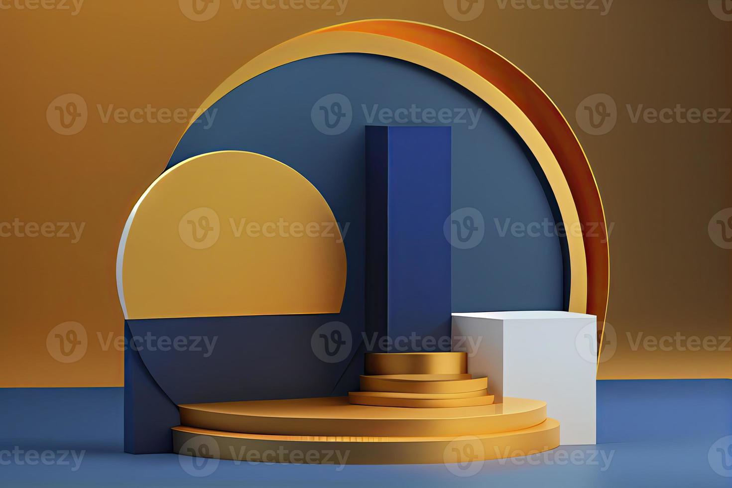 3d render of blue and gold podium. Background with geometric composition photo