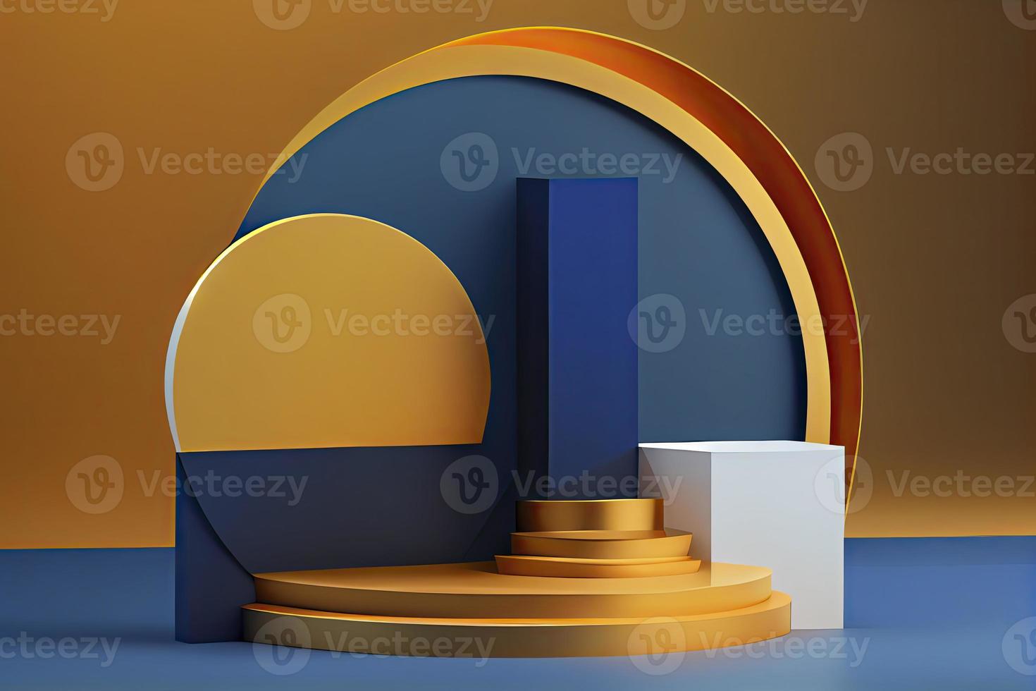 3d render of blue and gold podium. Background with geometric composition photo