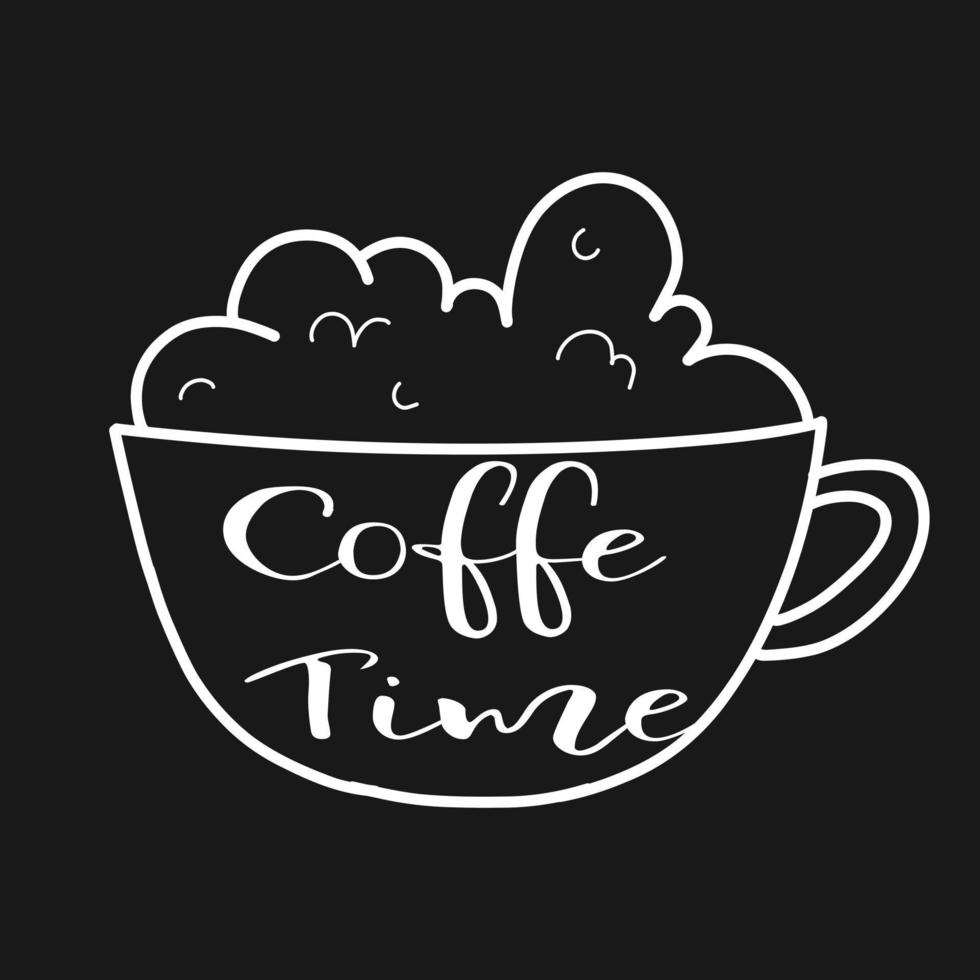 Coffee time in doodle style. Vector illustration. Lettering coffee time. Coffee break. Linear style. A cup of coffee with foam.