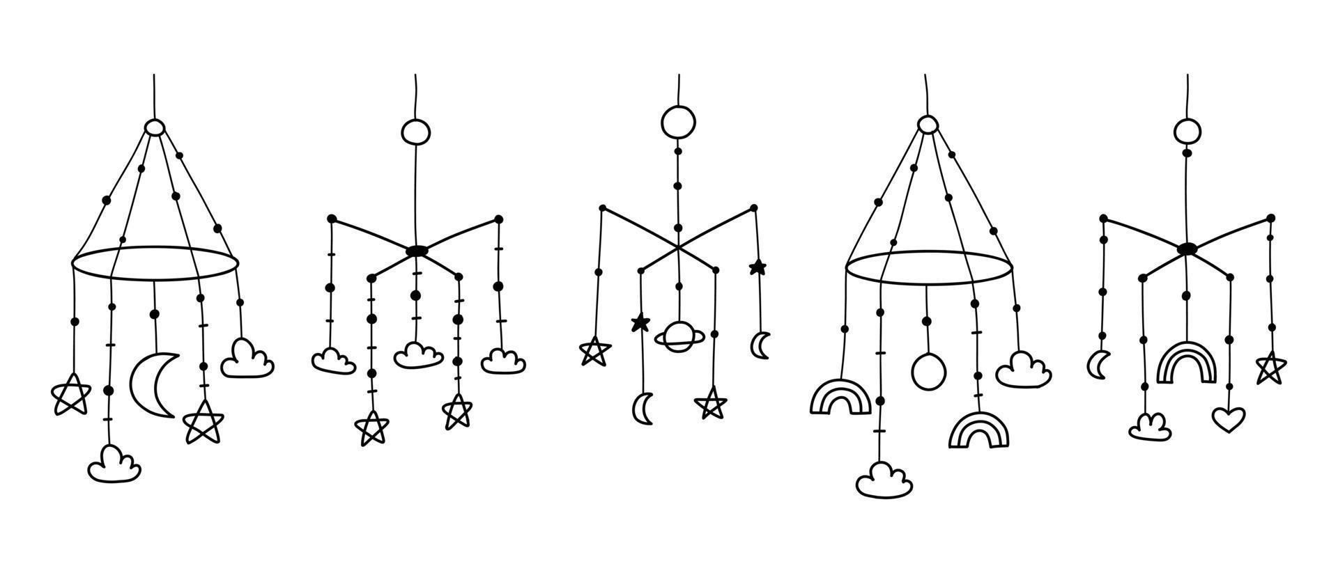 conjunto bebé juguete móvil. vector ilustración.colección garabatear estilo. lineal colgando niños juguete.