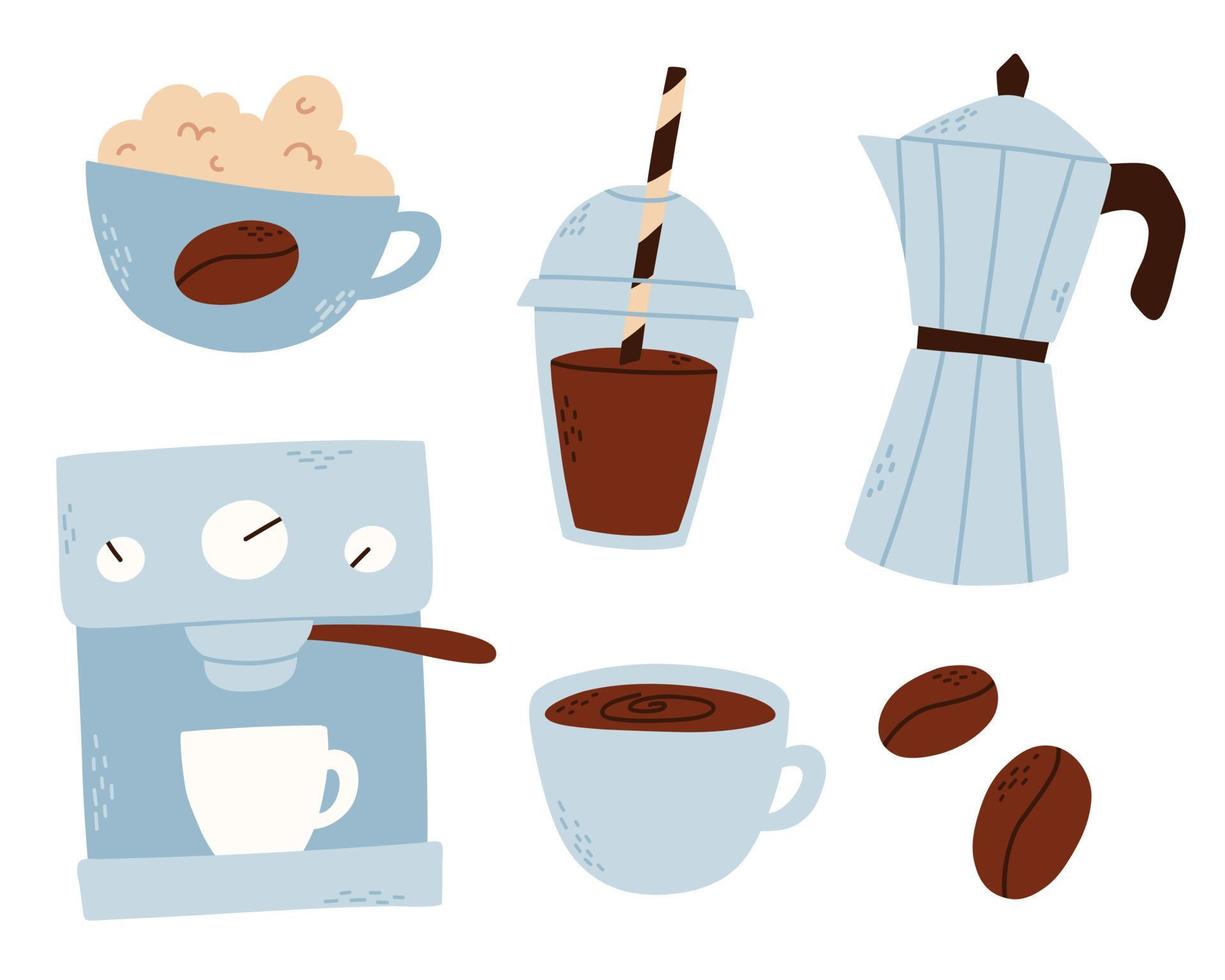 Coffee set in flat style. Hand drawn collection of elements for making coffee. vector illustration. coffee break. .