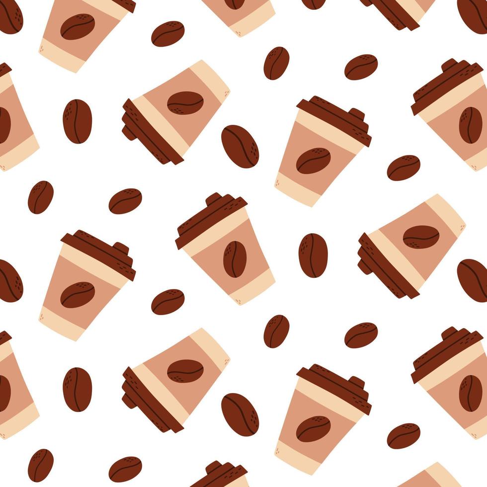 Seamless pattern with a cup of coffee. Vector illustration. Printed paper cup with coffee and coffee beans.