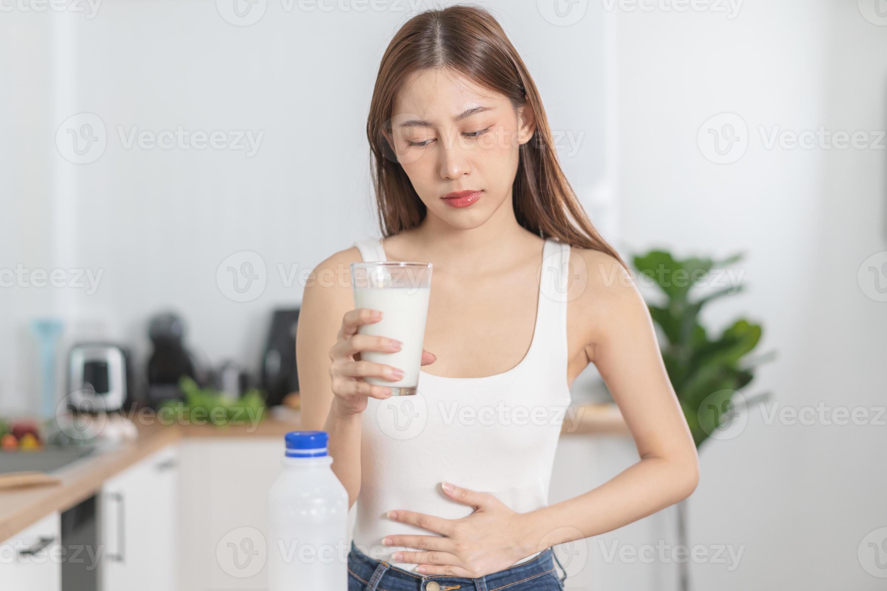 Pain, Allergy asian young woman, girl hand in belly suffer after drink