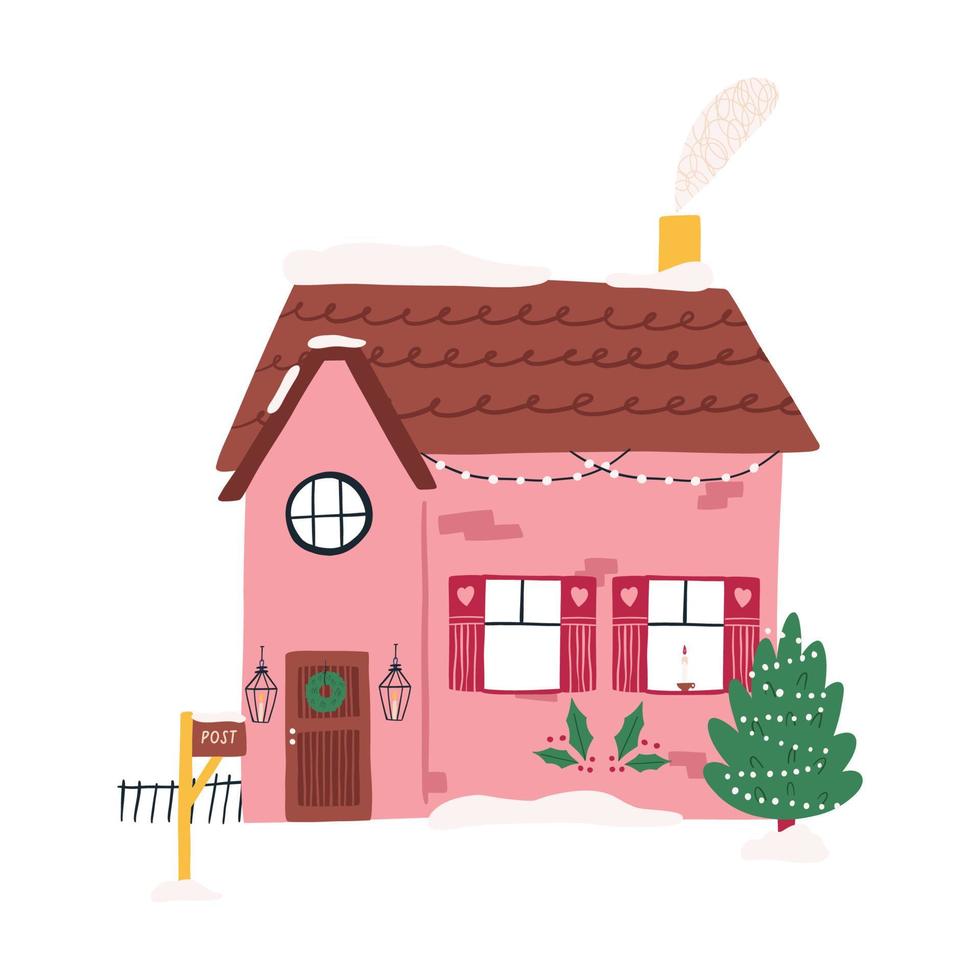 linda invierno casa con Navidad decoración, dibujos animados plano vector ilustración aislado en blanco antecedentes. mano dibujado acogedor casa con decorado árbol, guirnaldas y guirnalda en puerta.