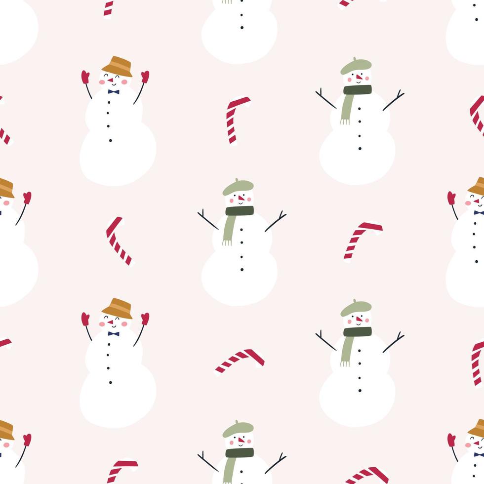 Cute and cheerful snowman seamless pattern, cartoon flat vector illustration. Hand drawn childish Christmas background. Great for seasonal wrapping paper.