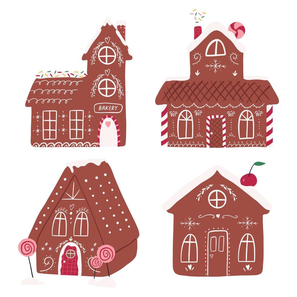 Gingerbread houses set, cartoon flat vector illustration isolated on white background. Cute traditional Christmas holiday elements. Gingerbread houses with hand drawn icing decorations.