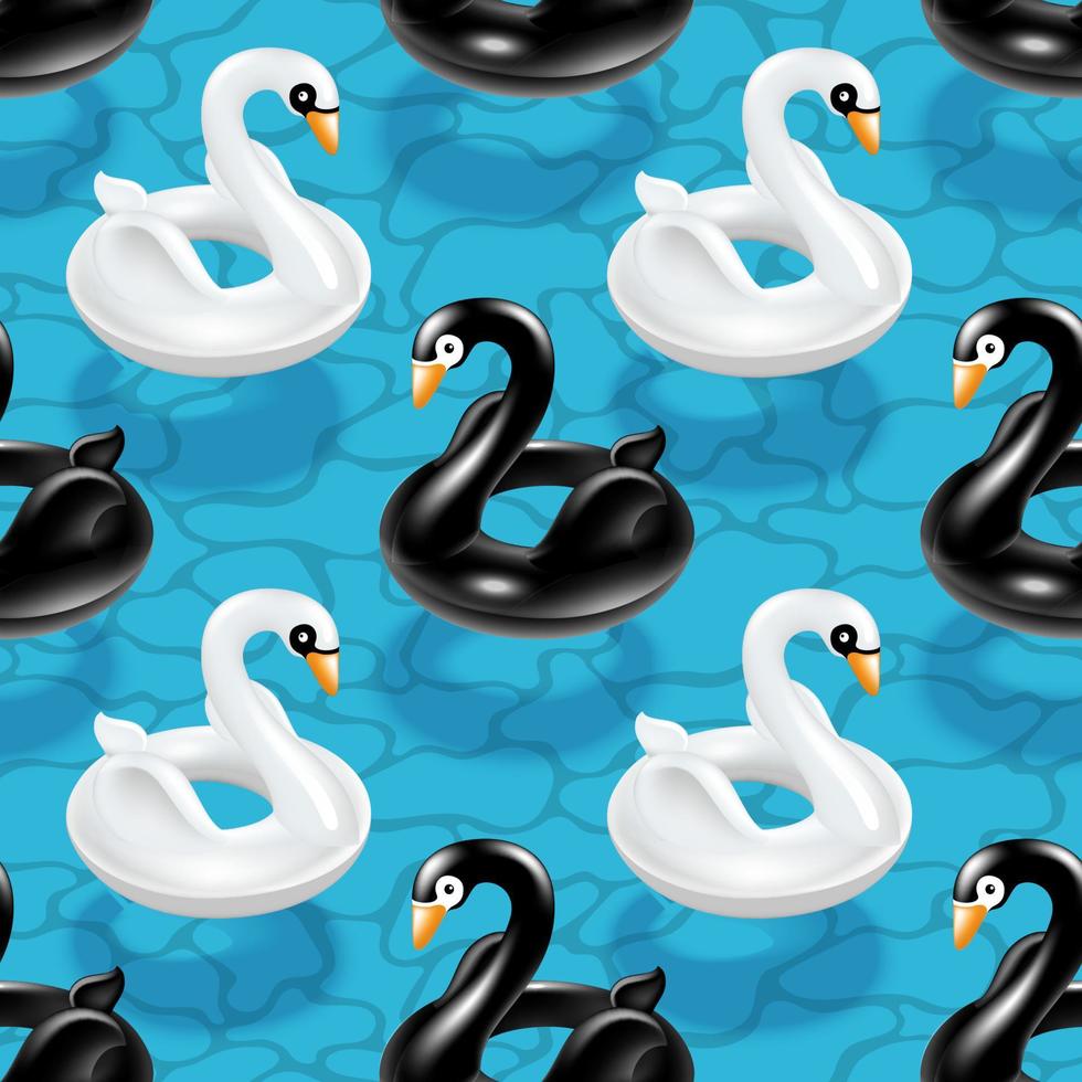 Black and white bright swans on a water background seamless pattern. Swimming toy, design to decorate summer holiday items. Vector. vector