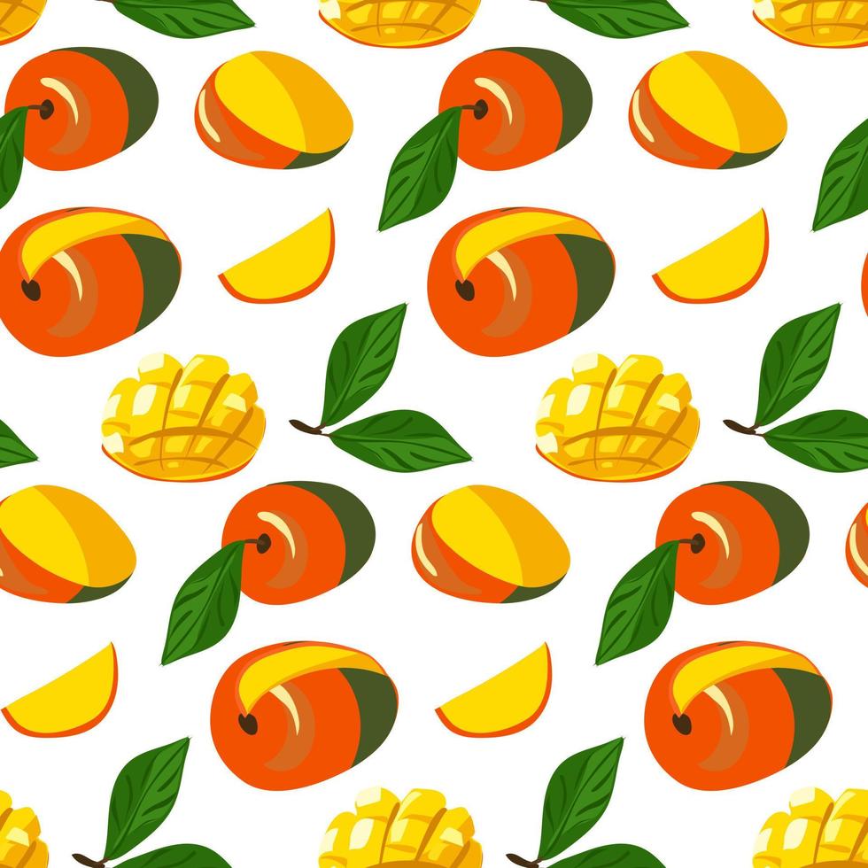 A pattern with fresh bright exotic whole and sliced mango isolated on a white background Summer fruits for a healthy lifestyle. Organic fruits. Cartoon style. Vector illustration for any design