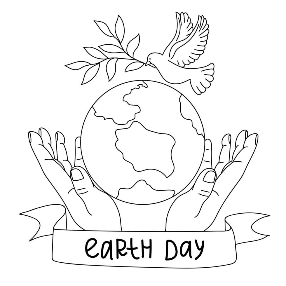 Happy Earth Day. Light male hands hold the globe, the earth, a growing branch. The concept of Earth Day. A modern illustration in the style of a flat cartoon. A simple outline illustration. Print vector