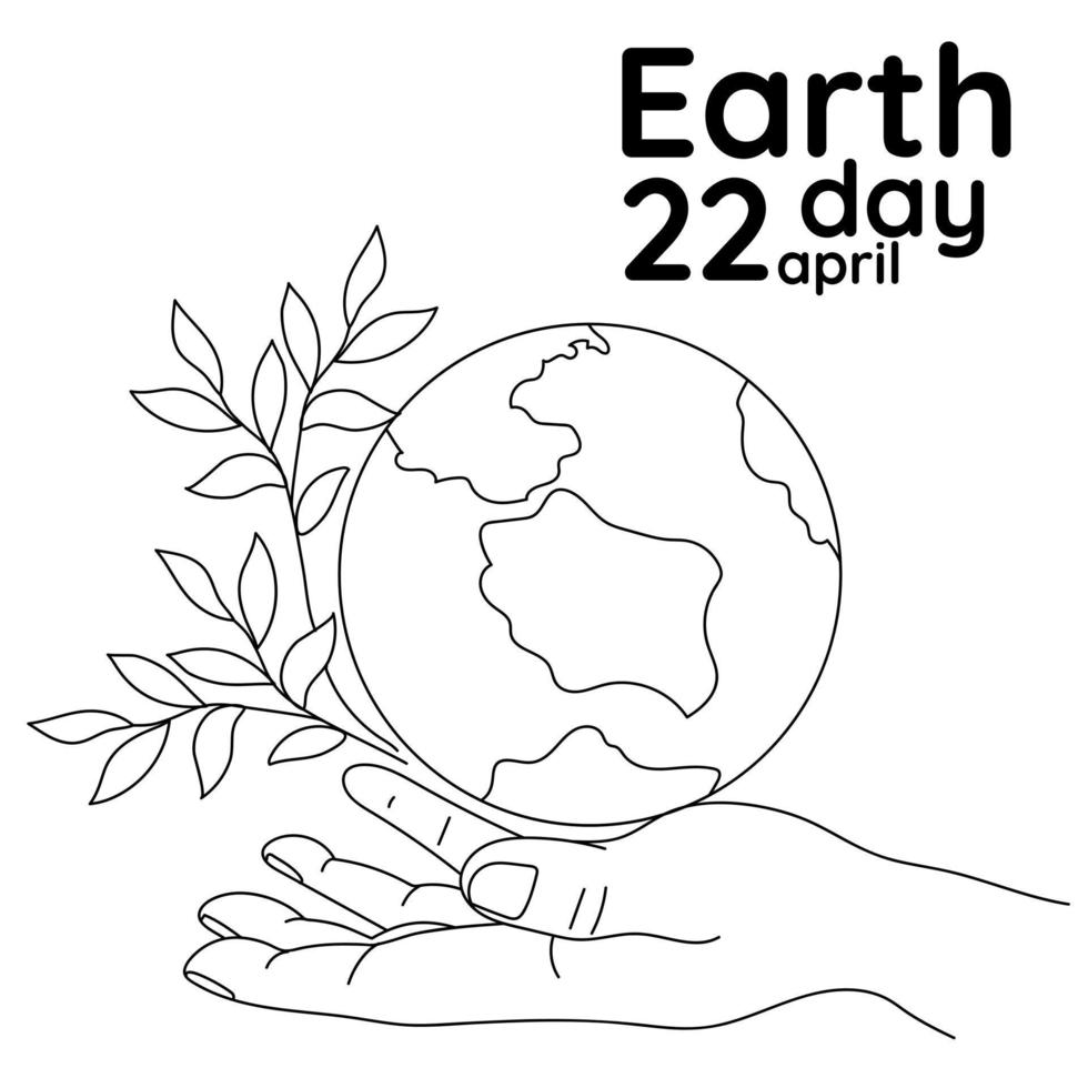 Happy Earth Day. Light male hands hold the globe, the earth, a growing branch. The concept of Earth Day. A modern illustration in the style of a flat cartoon. A simple outline illustration. Print vector