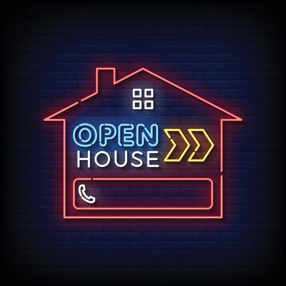 Neon Sign open house with brick wall background vector