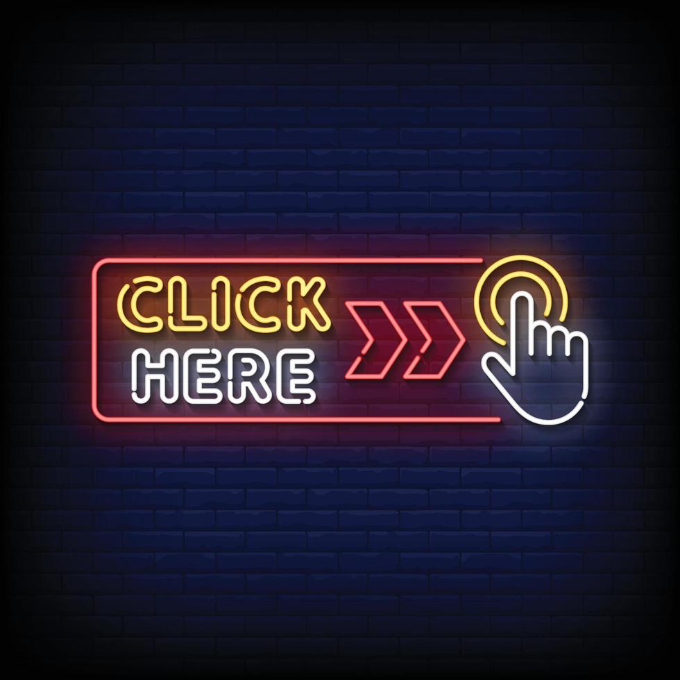 Neon Sign click here with brick wall background vector