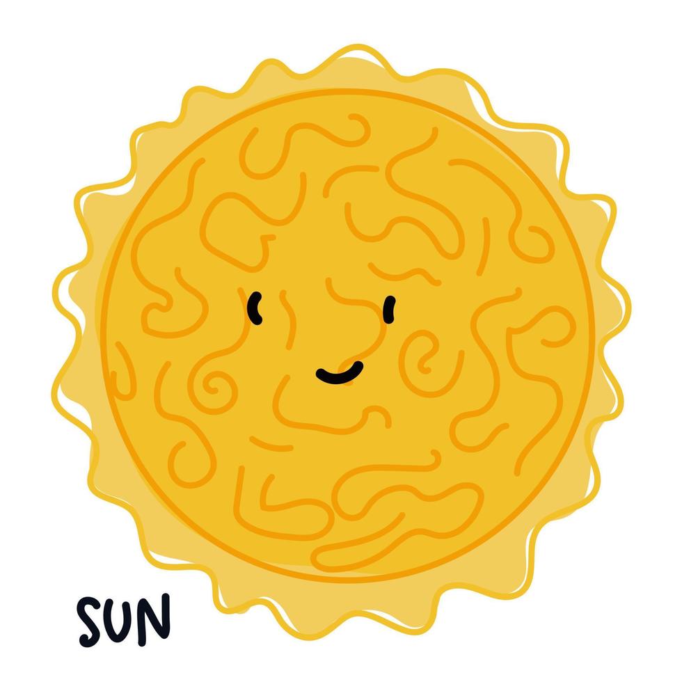 Isolated big yellow sunny face with rays and lines on it like bubbling lava. Cartoon vector illustration of a cute smiling sun with a caption. Use for a logo for children's products