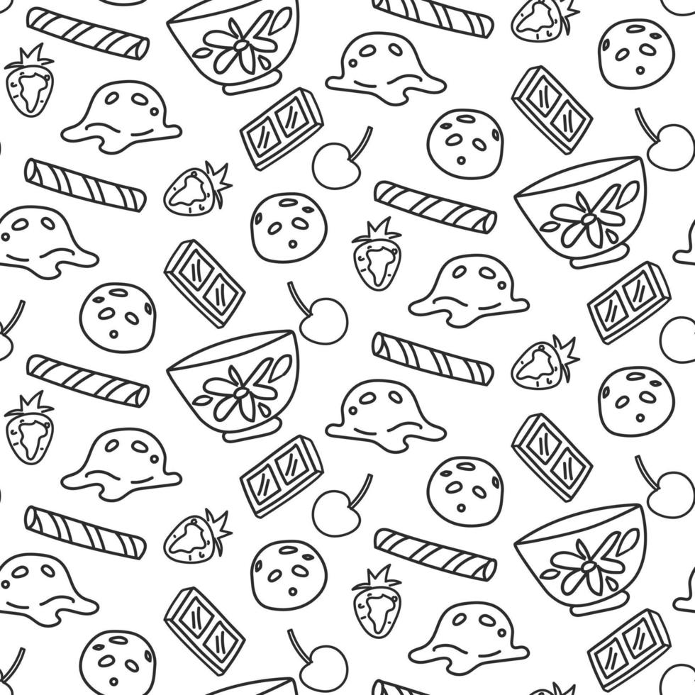 A pattern from the decor of ice cream on a white background. Background illustration with ice cream doodles. Ice cream, chocolate, strawberry, cherry, waffle for printing greeting cards and textiles vector