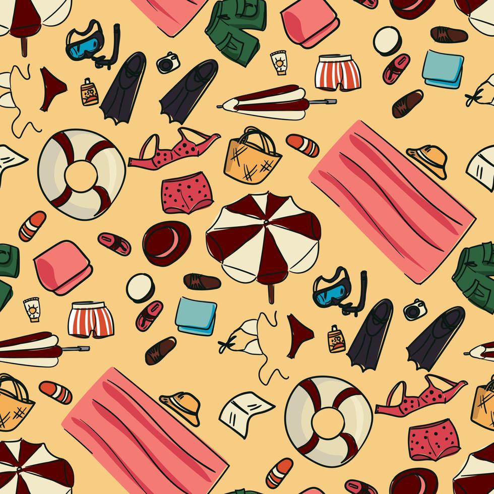 A pattern from a set of things on the beach with a sketch of Thiele with color. Simple details in contour style. Quick sketches of things, objects, clothes. Background of beach accessories in doodles vector