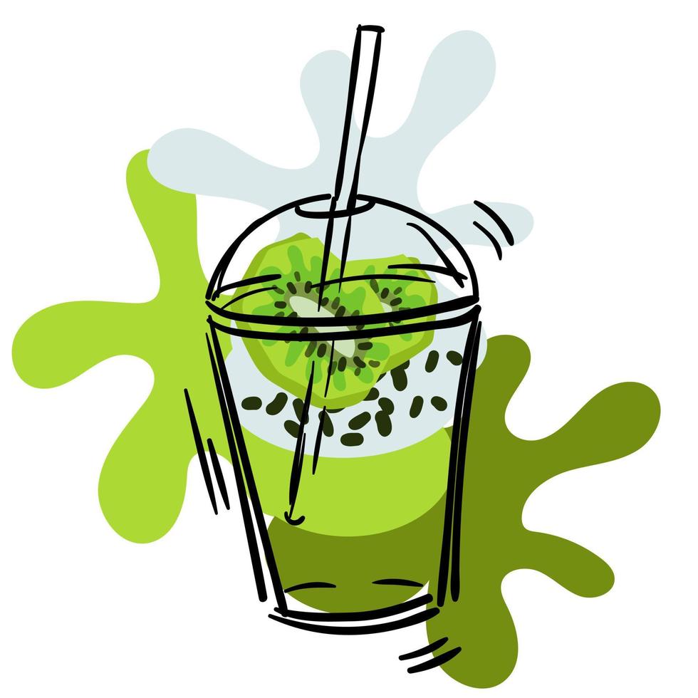 A cup with a puff smoothie made of kiwi and fruit with a straw for drinks on a white background. A cup with a background of spots in the color of fruit. Illustration for printing on the cafe menu vector
