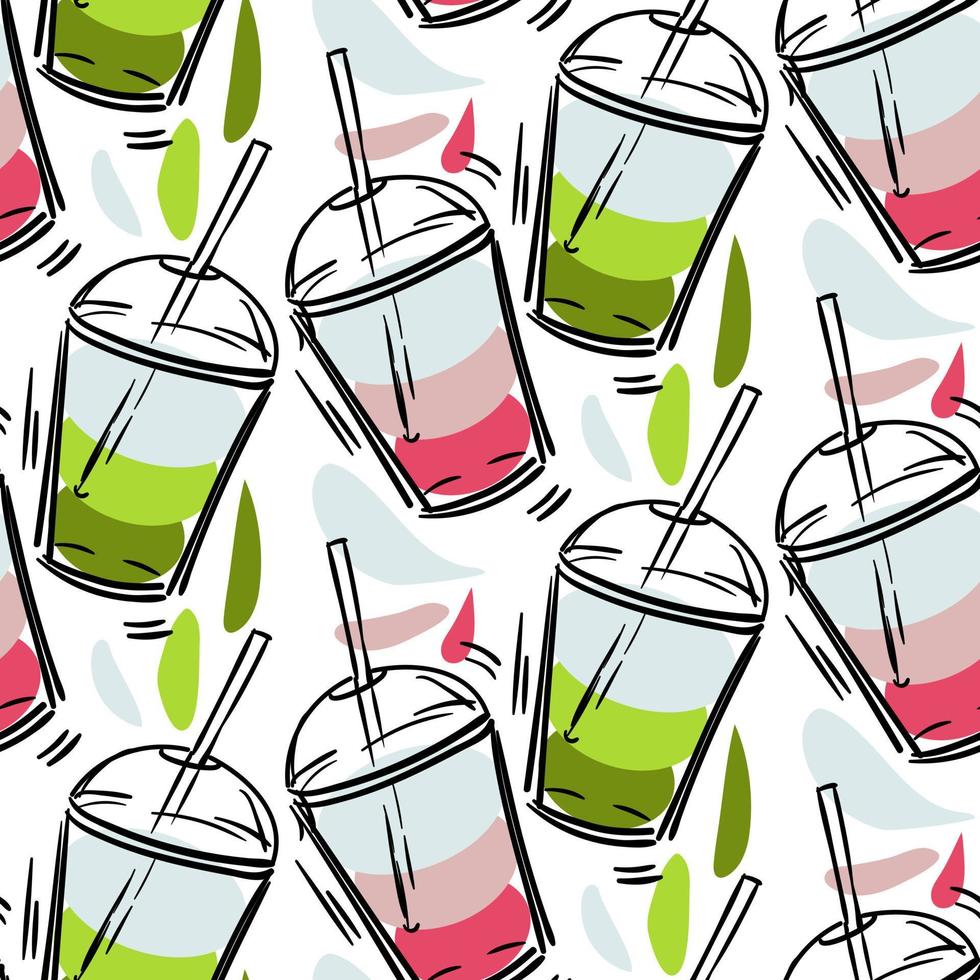 Seamless pattern with puff smoothies. A hand-drawn glass with drinks. Cute bright vector illustration. Colorful background with fruit juice stains in layers. A mix of drinks. Printing on textiles