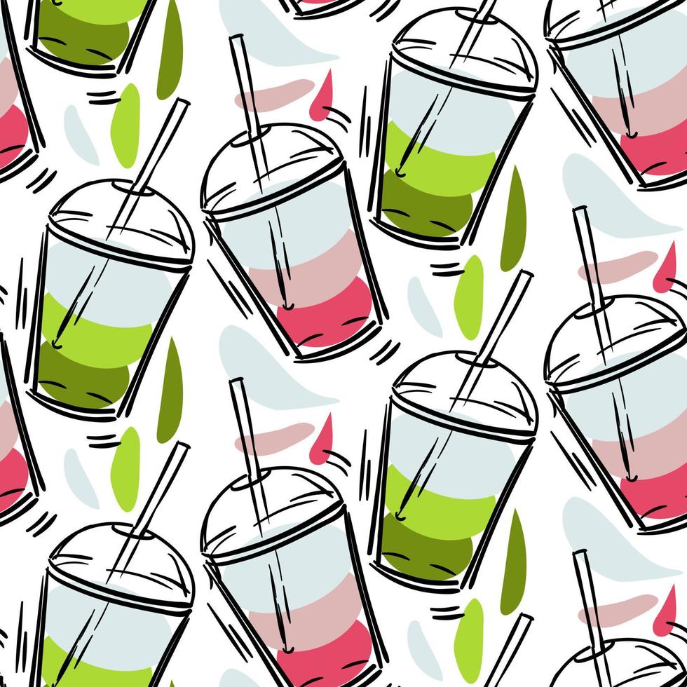 sin costura modelo con soplo batidos un dibujado a mano vaso con bebidas linda brillante vector ilustración. vistoso antecedentes con Fruta jugo manchas en capas. un mezcla de bebidas impresión en textiles