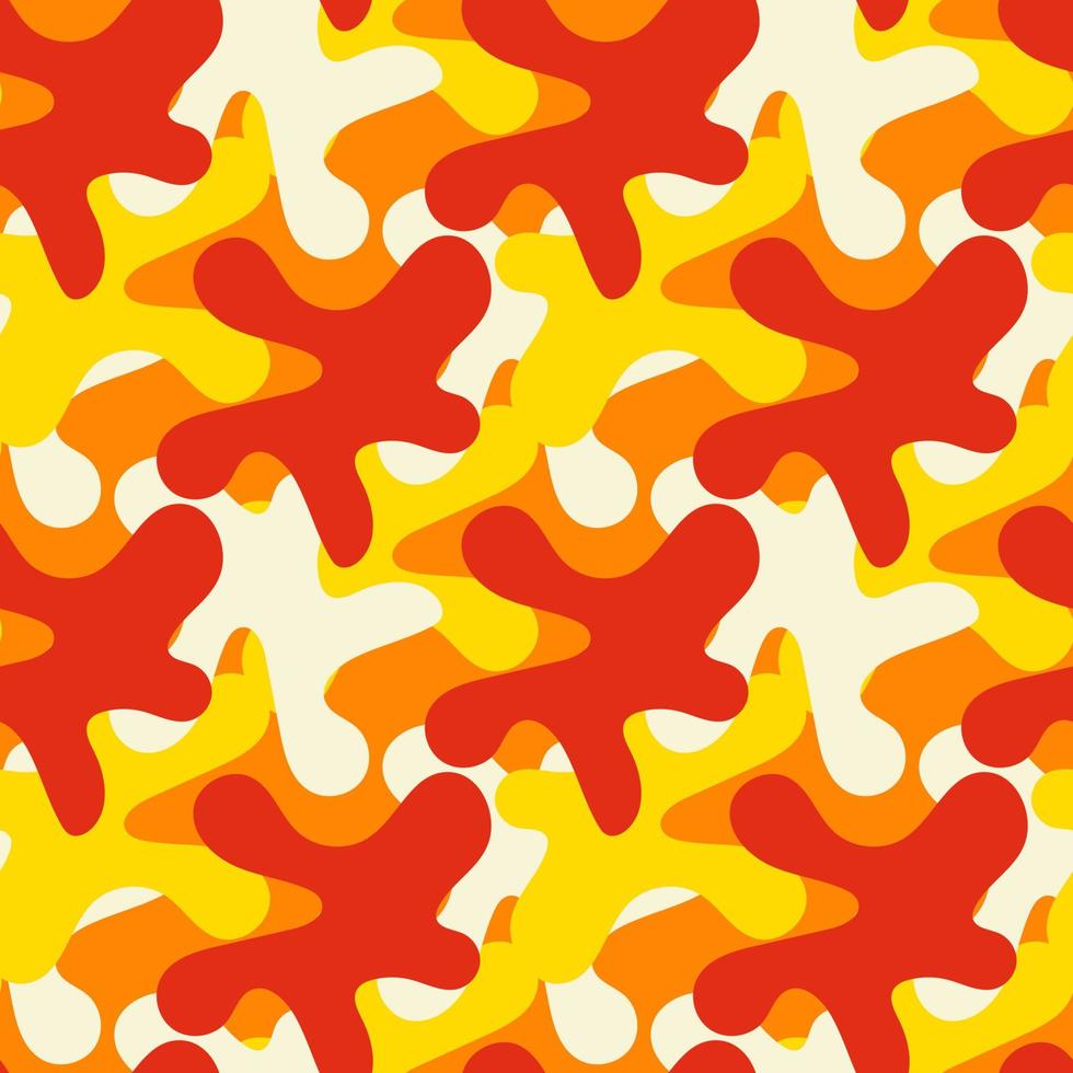 Abstract seamless pattern with various elements in the form of paint blots. Chaotic vector texture with ink shapes. Printing on textiles and paper. Background masking red and orange