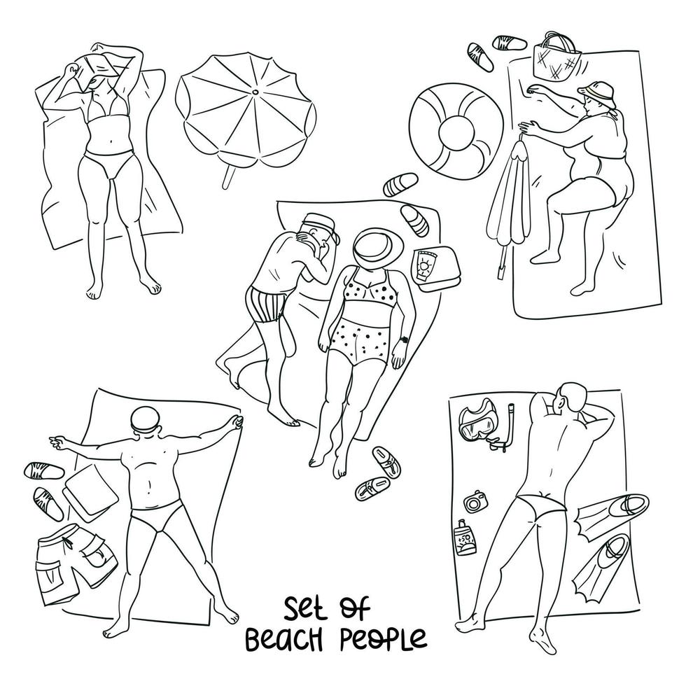 A set of people sunbathing on the beach in the style of sketches. A linear outline in the form of a sketch on a white background. A small sketch for the background. beach vibe, the atmosphere, relax vector