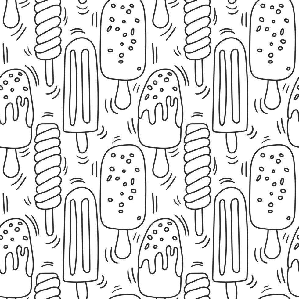 Perfect funny vector background. Seamless ice cream pattern on a white background. Background illustration with ice cream doodles. Assorted ice cream for printing, adding, greeting cards and textiles