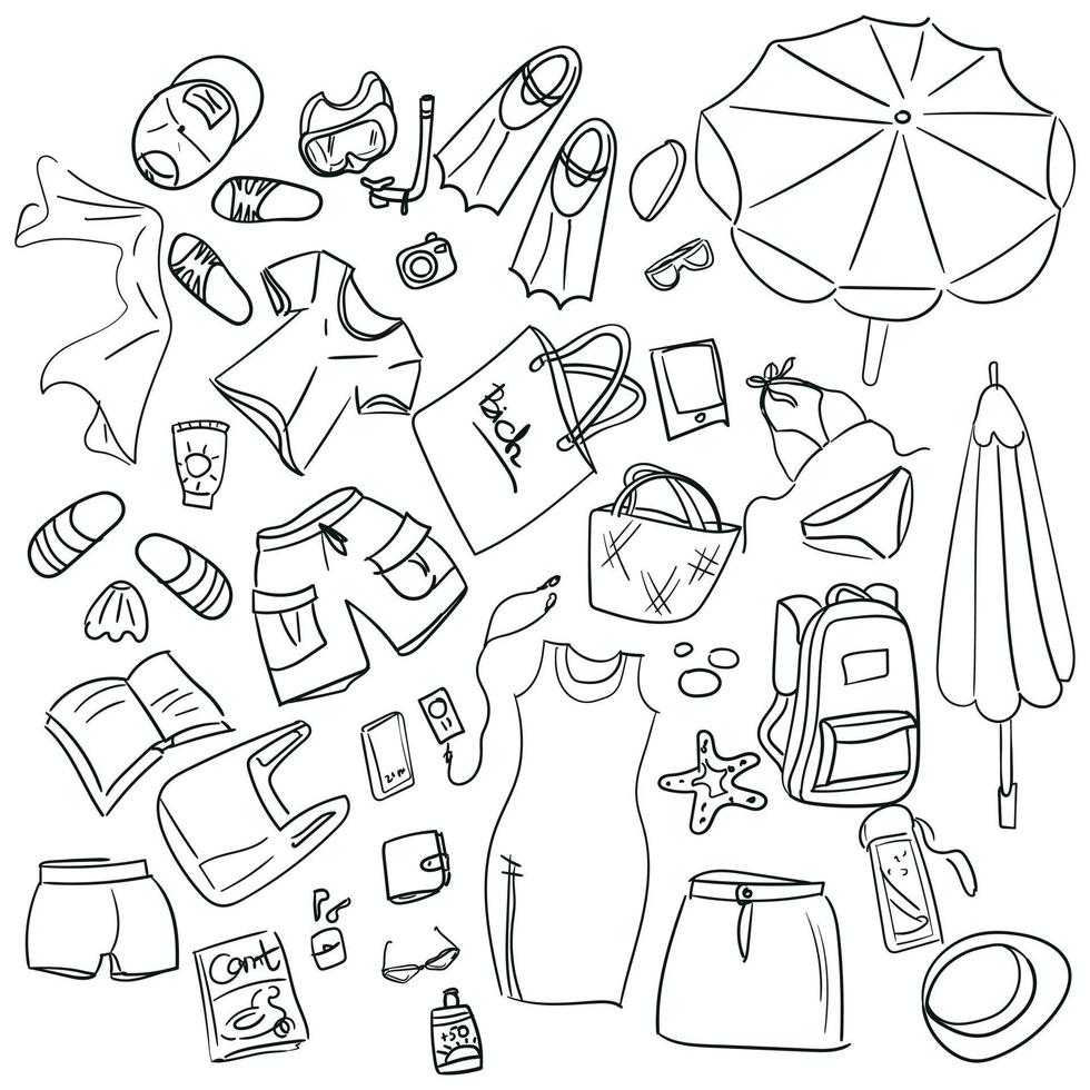 A set of things on the beach with a sketch of Thiele. Simple details in contour style. Quick sketches of things, objects, clothes. A set of beach accessories in the style of a doodle. vector