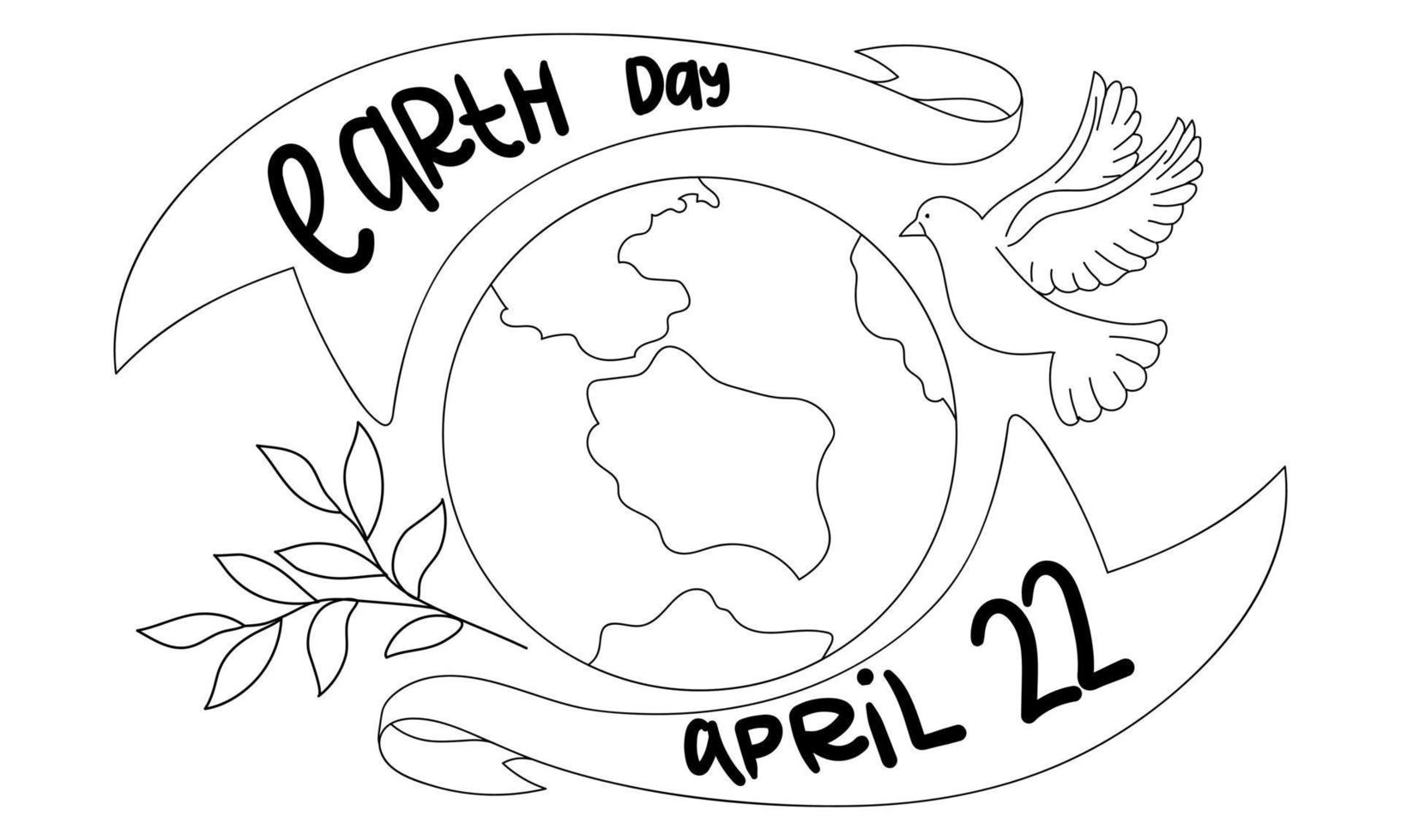 Happy Earth Day. A globe in the arms of ribbons with an inscription, a growing branch, a flying white dove. The concept of Earth Day. A modern illustration in the style of a flat cartoon. Linear vector