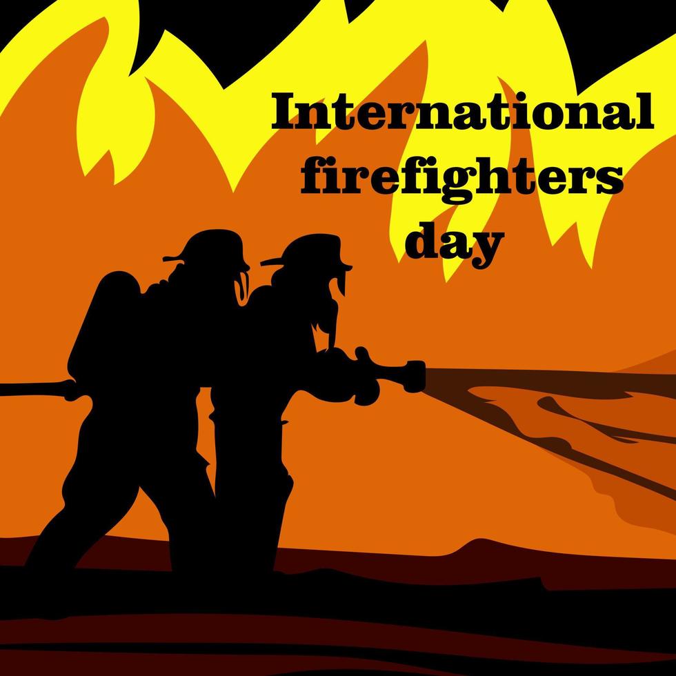 Banner, poster or template for the International Day of Firefighters with silhouettes of two firefighters extinguishing a fire. Vector illustration for May 4. Firefighters on the background of flames