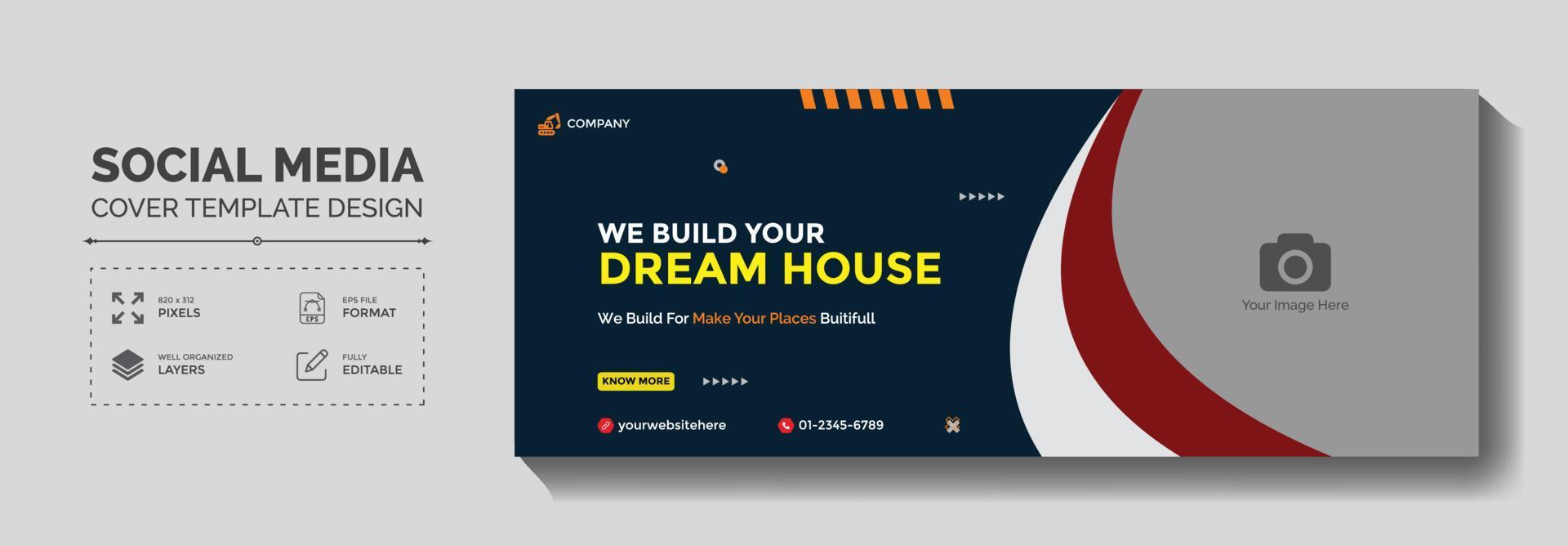 Real estate social media header or house property sale banner, home improvement and repair construction social media cover banner design template vector