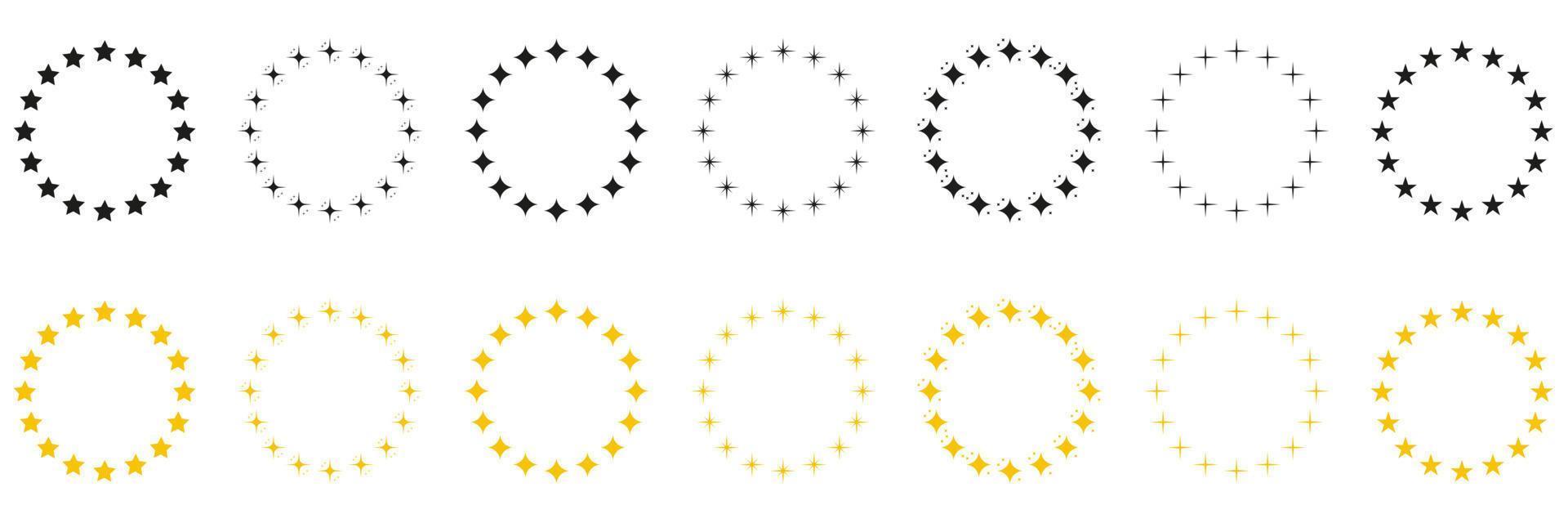 Stars in Circle Shape Silhouette Icon Set. Modern Round Award Frame with Gold and Black Stars Pictogram. Circular Decor Ornament Icon on White Background. Isolated Vector Illustration.