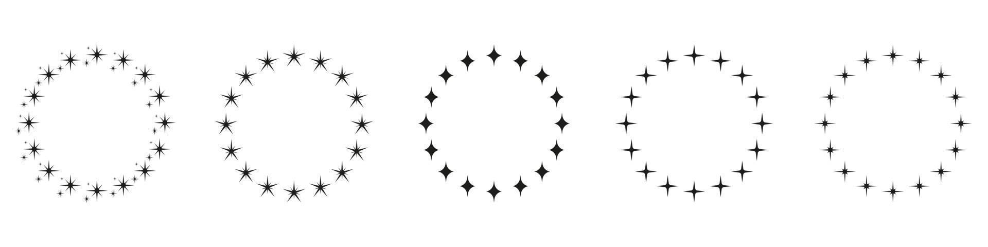 conjunto de iconos de silueta de estrellas en forma de círculo. icono de adorno de decoración circular sobre fondo blanco. marco de premio redondo moderno con pictograma de estrellas negras. ilustración vectorial aislada. vector