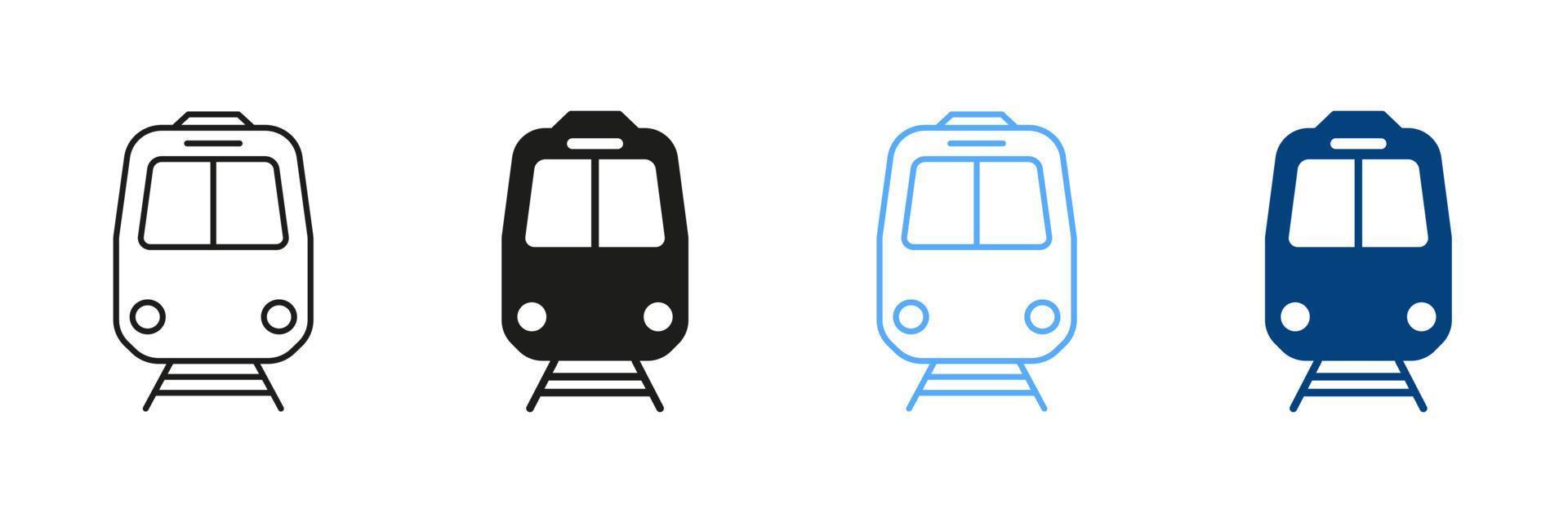 tren línea y silueta color íconos colocar. ferrocarril estación pictogramas. ciudad eléctrico público transporte firmar recopilación, carga locomotora contornos y sólido símbolo. aislado vector ilustraciones.