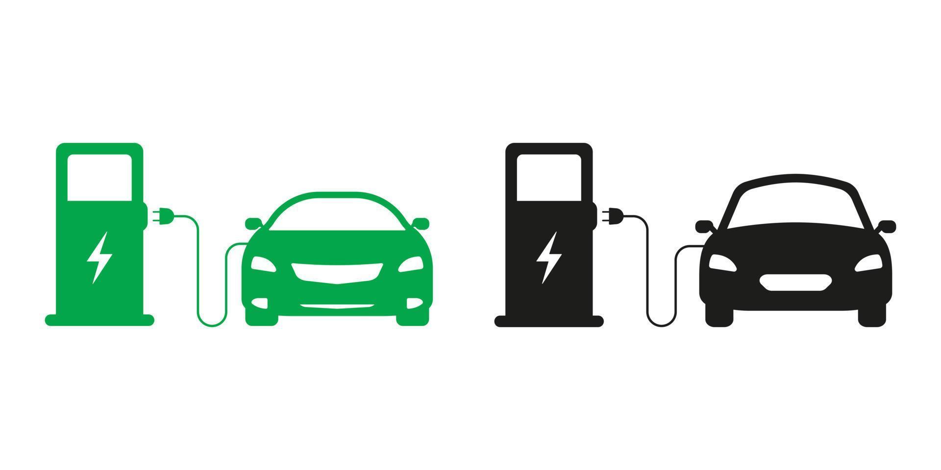 Transport Charger Silhouette Icon Set. Electric Car Recharge Black and Green Sign. Eco Electro Energy for EV. Charge Station Glyph Pictogram. Electric Car Charger. Isolated Vector Illustration.