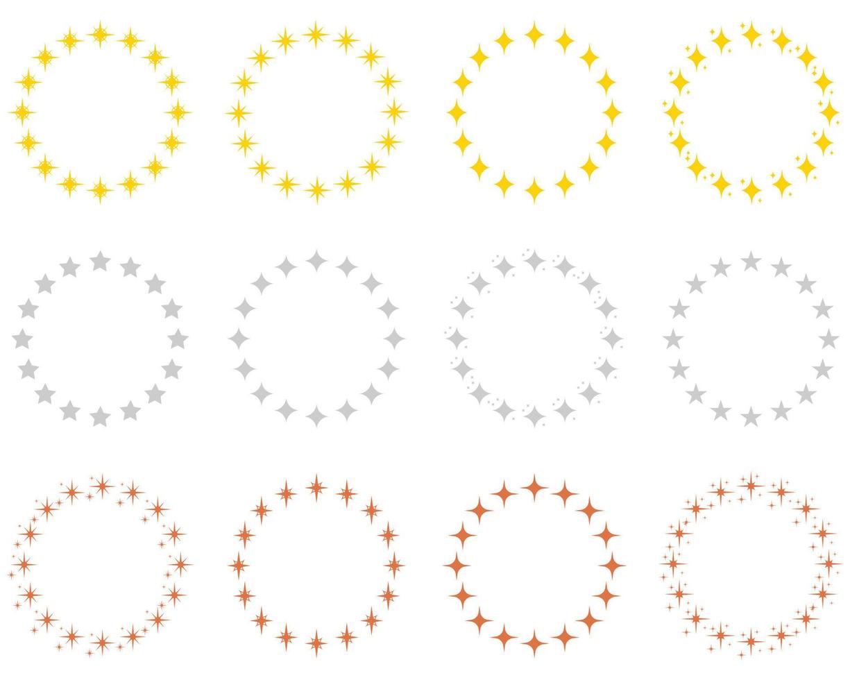 Stars in Circle Shape Silhouette Icon Set. Round Award Frame with Gold, Silver and Bronze Stars Pictogram. Circular Decor Ornament Icon on White Background. Isolated Vector Illustration.