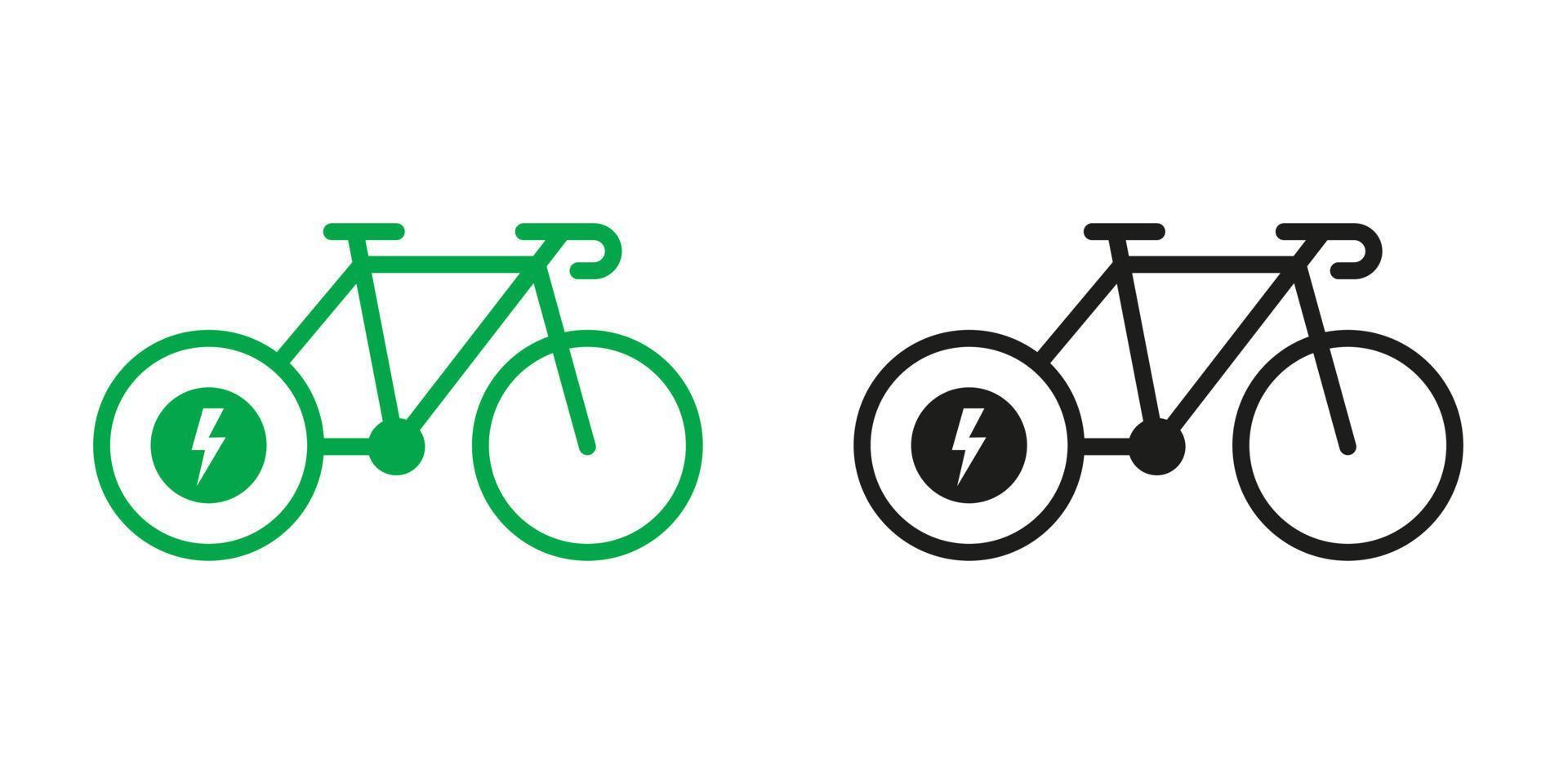 eléctrico bicicleta, ecológico transporte en electrónico energía verde y negro glifo pictograma colocar. eco híbrido bicicleta iconos ebike signo. ecología electro poder silueta icono. aislado vector ilustración.