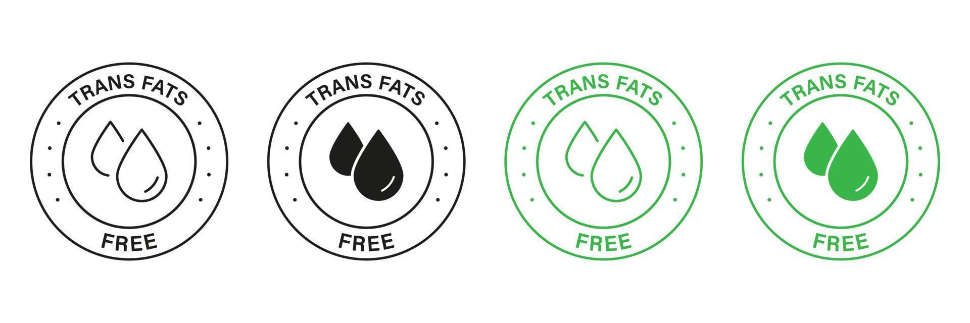 trans grasa gratis verde y negro icono colocar. cero grasas trans petróleo en producto comida etiqueta. sano nutrición elección símbolo. colesterol gratis signo. bajo trans grasa logo. aislado vector ilustración.