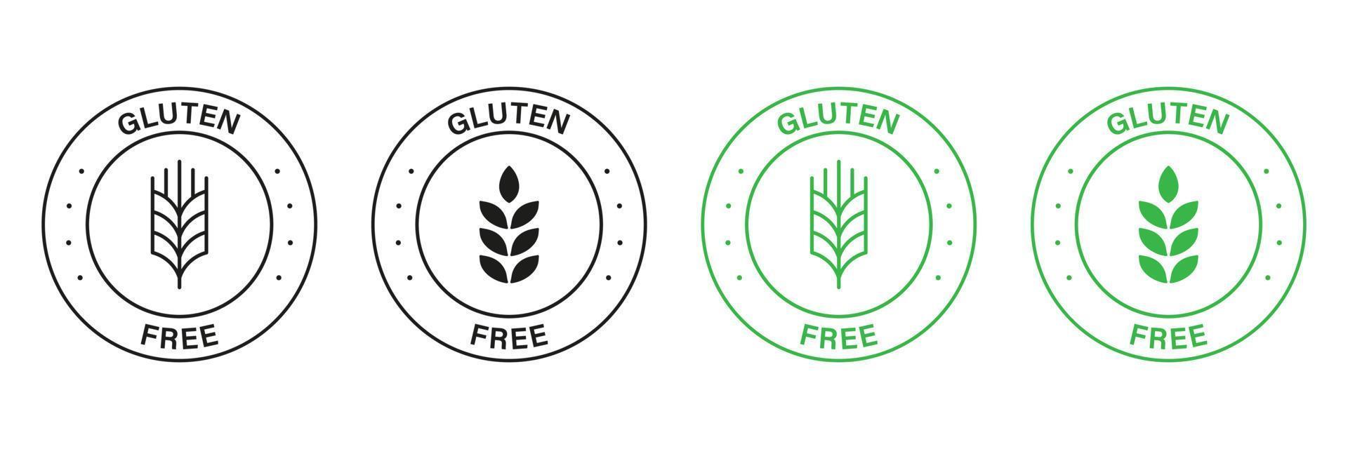 Gluten Free Green and Black Stamp Set. Non Wheat Allergy Label for Restaurant Menu. Organic Food Free Grain Symbol. No Gluten Nutrition Sign. No Gluten Diet Logo. Isolated Vector Illustration.