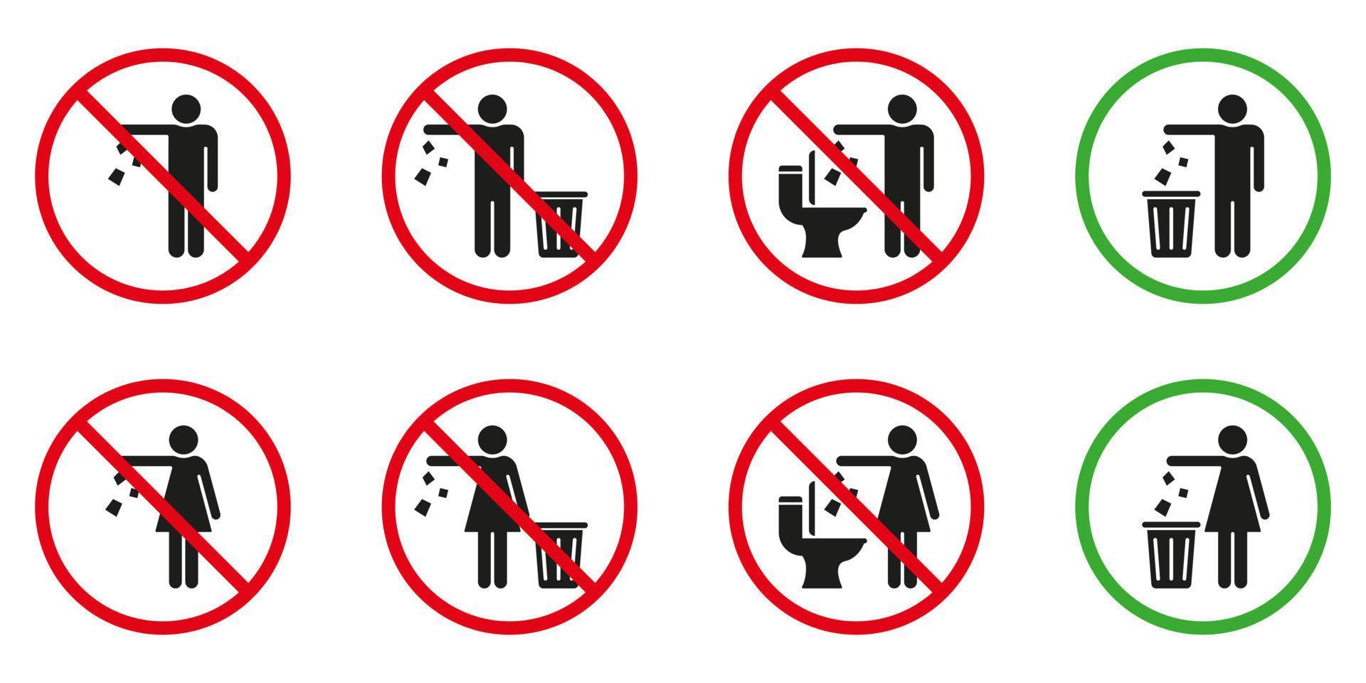 Please No Flush Litter in Toilet Sign Set. Allowed Throw Napkins, Paper, Pads, Towel Only in Waste Basket Silhouette Icon. Throw Litter in Toilet Prohibited Pictogram. Isolated Vector Illustration.