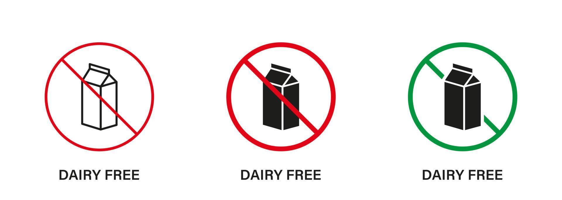 Dairy Free Silhouette and Line Icon Set. Dairy Stop Sign, Only Healthy Food. Cow Milk Lactose Forbidden Symbol. Free Dairy Diet Logo. No Lactose, Allergy Ingredient. Isolated Vector Illustration.