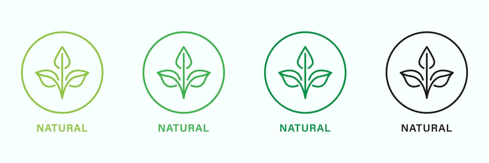 Natural Organic Product Green and Black Line Icon Set. Quality Fresh Natural Ingredients Outline Stickers. Eco Friendly Healthy Food Label. Leaf Symbol of Pure, Certified Logo. Vector Illustration.